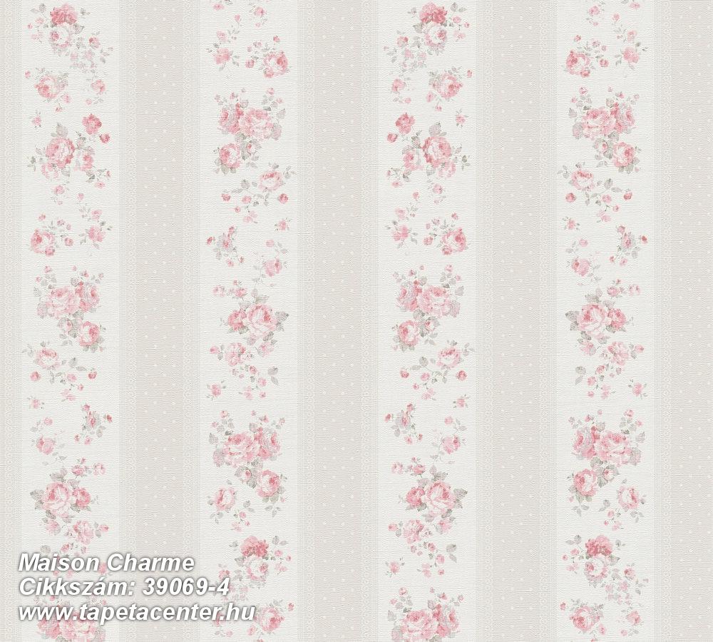 Csíkos,retro,textil hatású,virágmintás,bézs-drapp,fehér,pink-rózsaszín,illesztés mentes,súrolható,vlies tapéta 